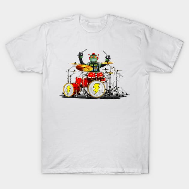 Cool Tees Drummer Robot Rock T-Shirt by COOLTEESCLUB